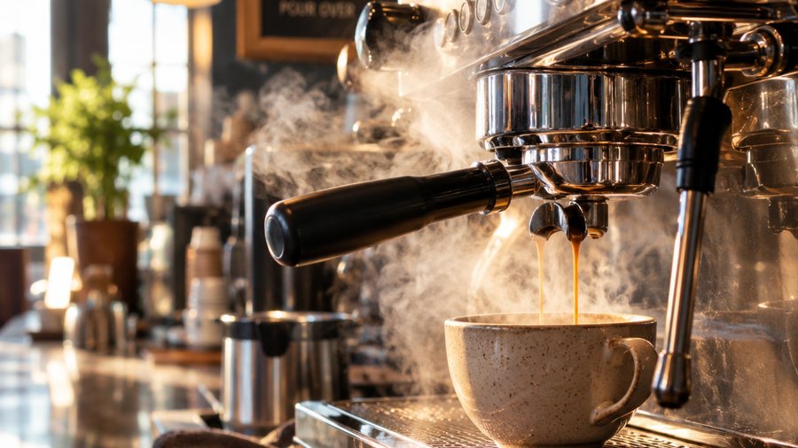 Espresso pouring from a commercial machine in a cafe