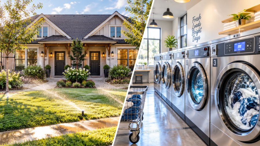 A multi-unit rental property beside a shared laundry room of commercial washers