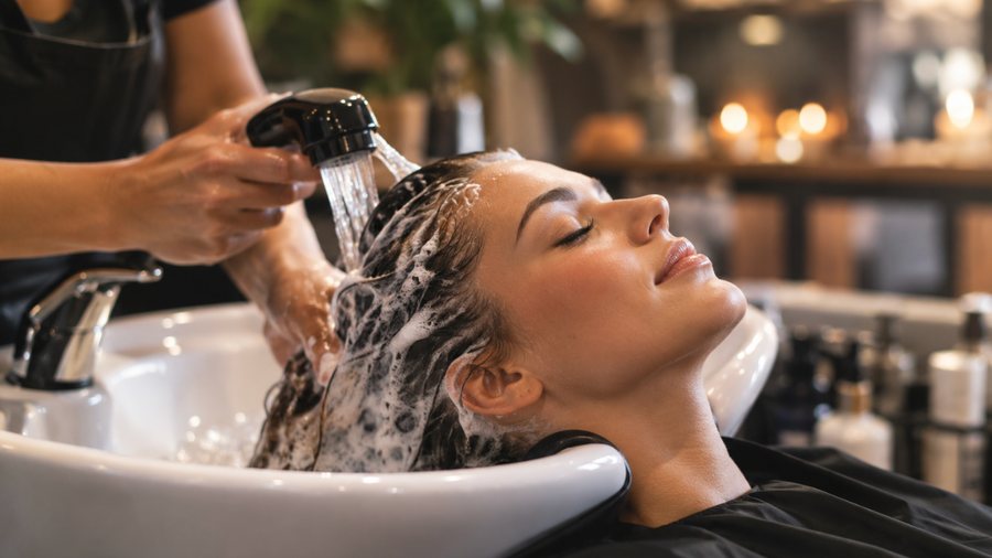 A stylist rinsing a client's hair at a salon basin
