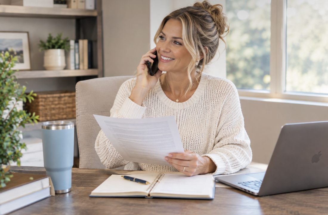 A homeowner at her kitchen table on the phone, reading a printed water report with a notebook and laptop open in front of her.