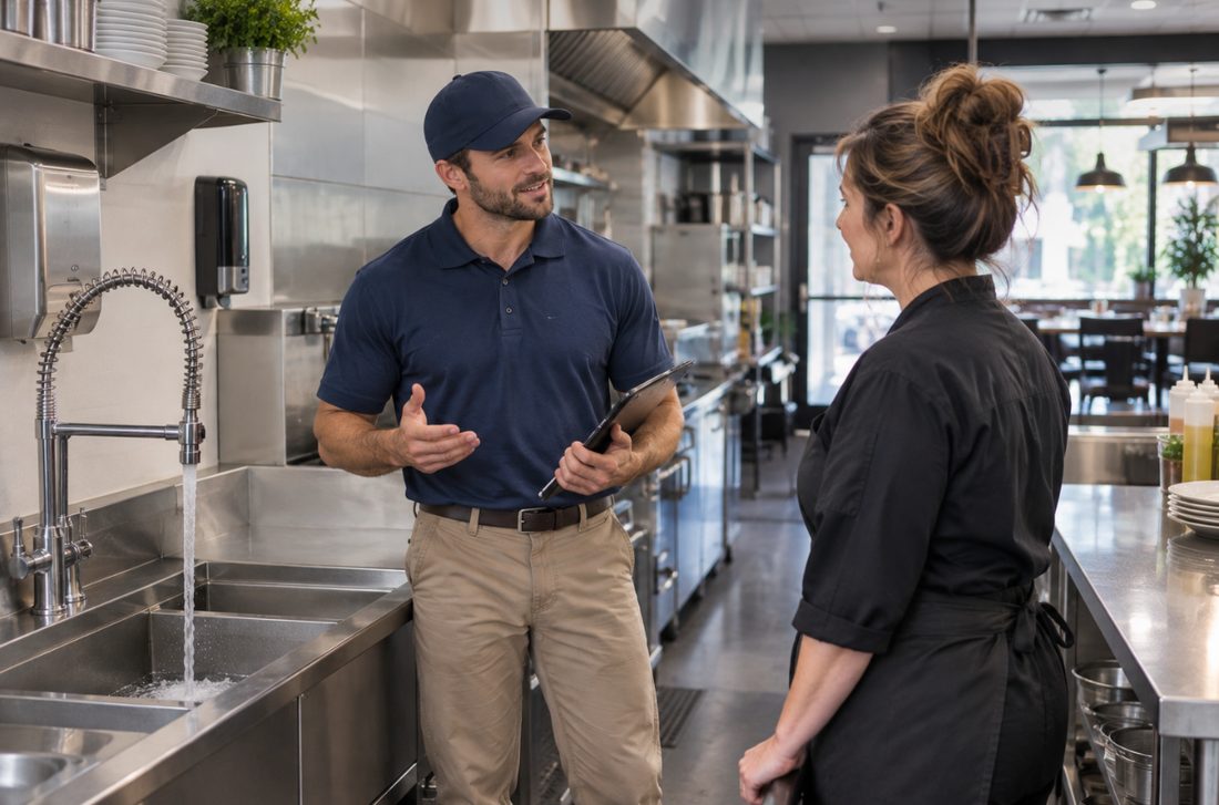 A Sevade technician with a clipboard talking to a restaurant owner beside a running pre-rinse spray tap in a stainless commercial kitchen.