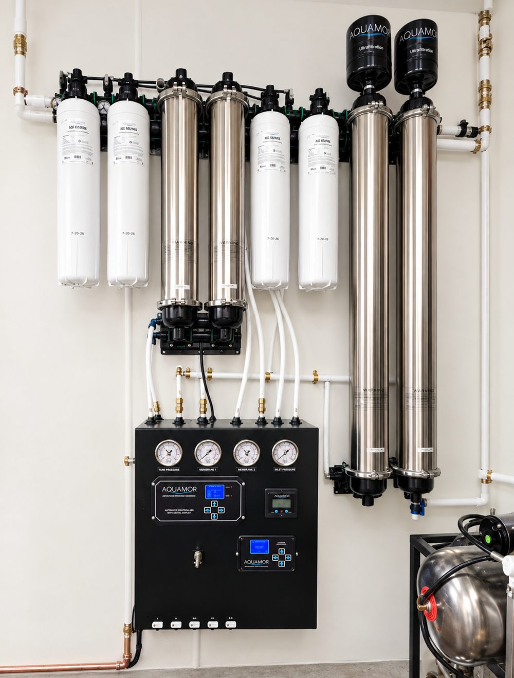 A commercial Aquamor installation — dual ultrafiltration vessels, twin reverse osmosis membranes, eight cartridge pre- and post-filters and a controller panel with tank, membrane and inlet pressure gauges