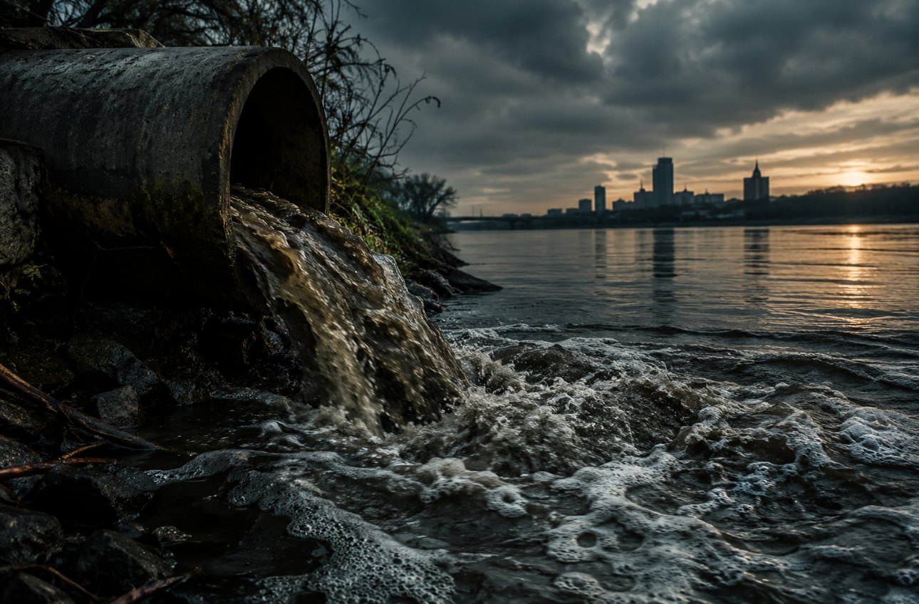 A concrete outfall pipe discharging into a wide river at dusk, with a city skyline on the far bank.