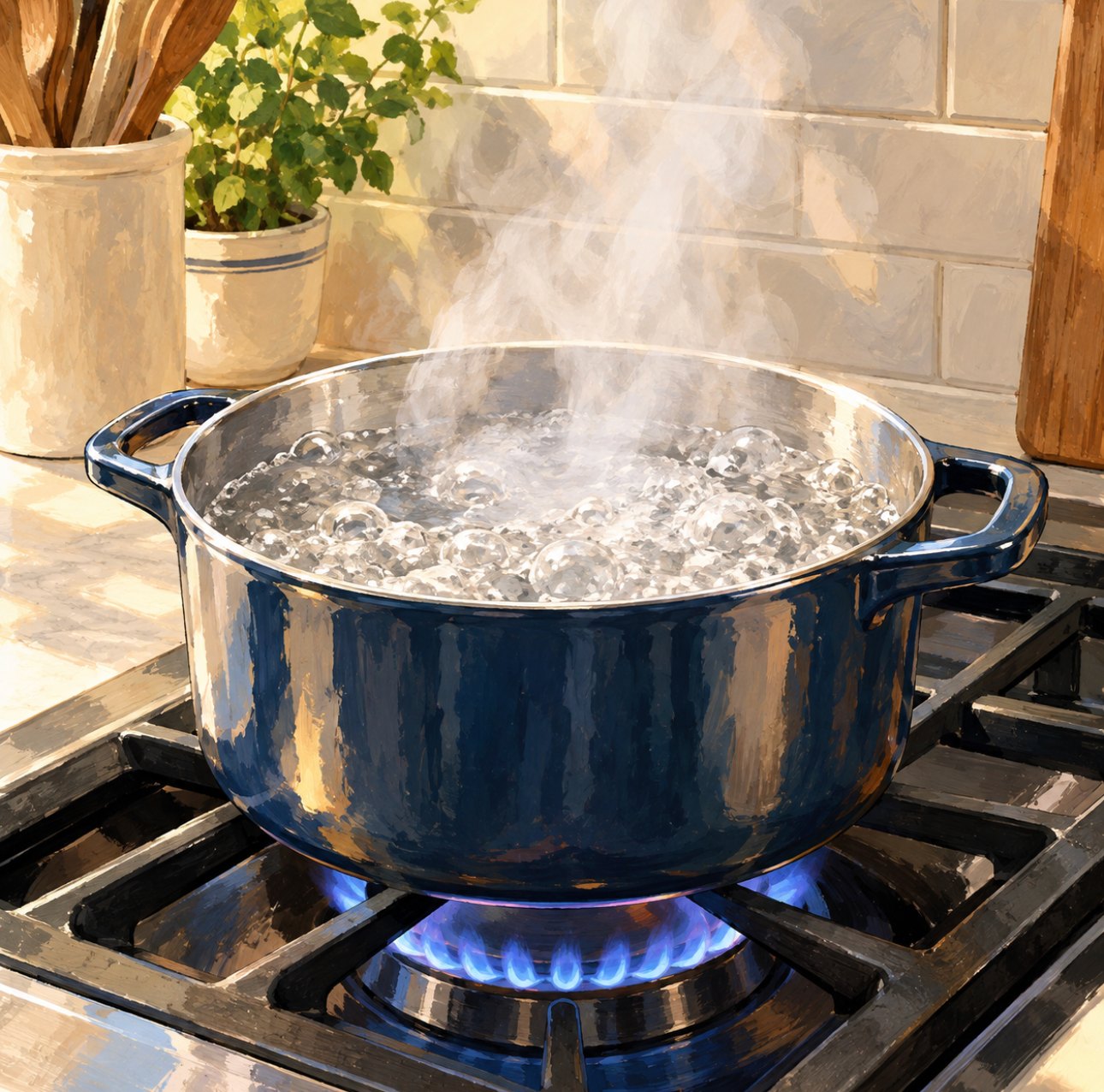A stainless pan of water at a rolling boil on a gas hob, steam rising, a herb pot and a crock of wooden spoons on the counter behind.