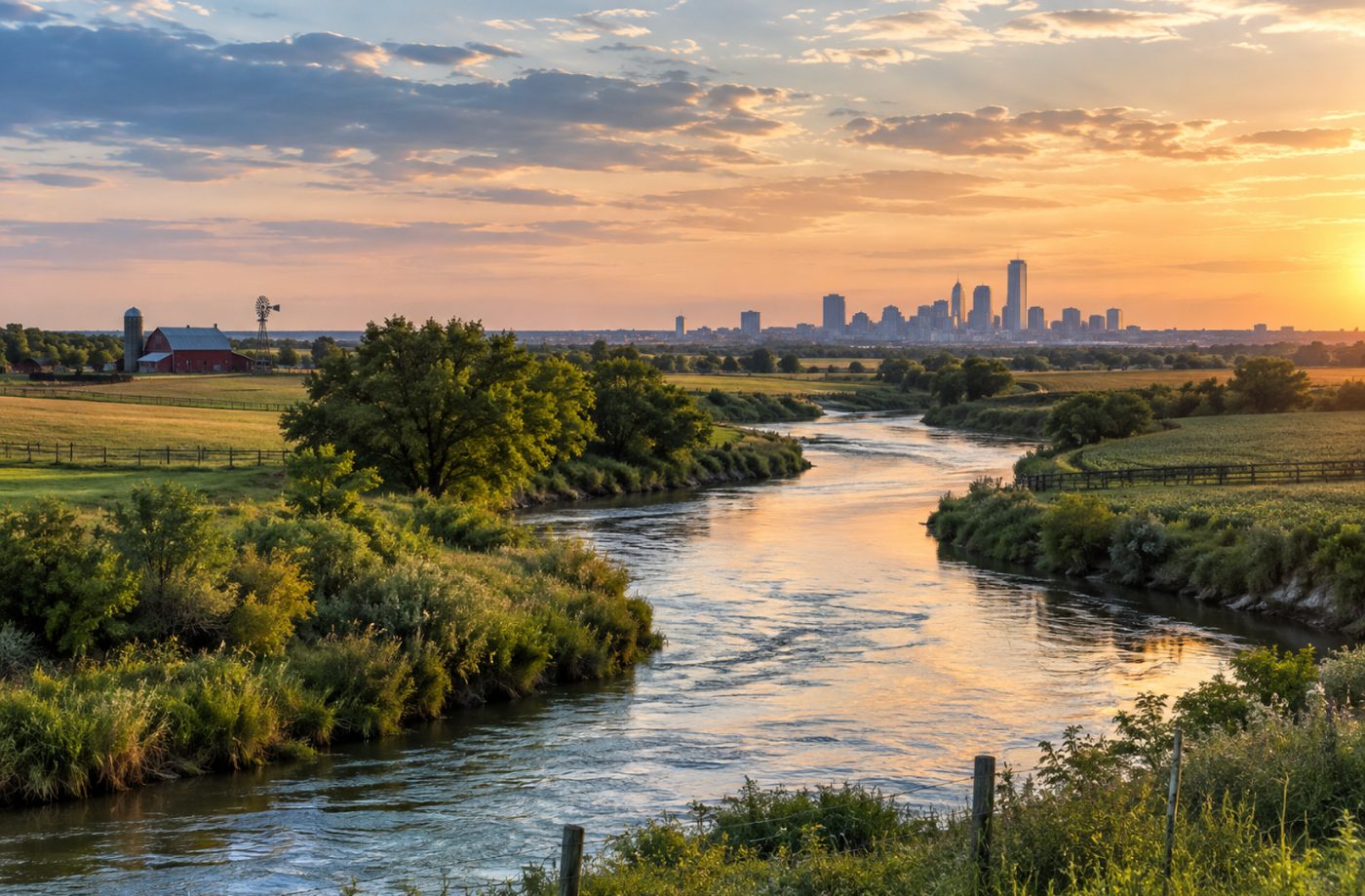 The Verdigris River winding through farmland at sunset, a red barn and windmill on the left bank and a city skyline low on the horizon.