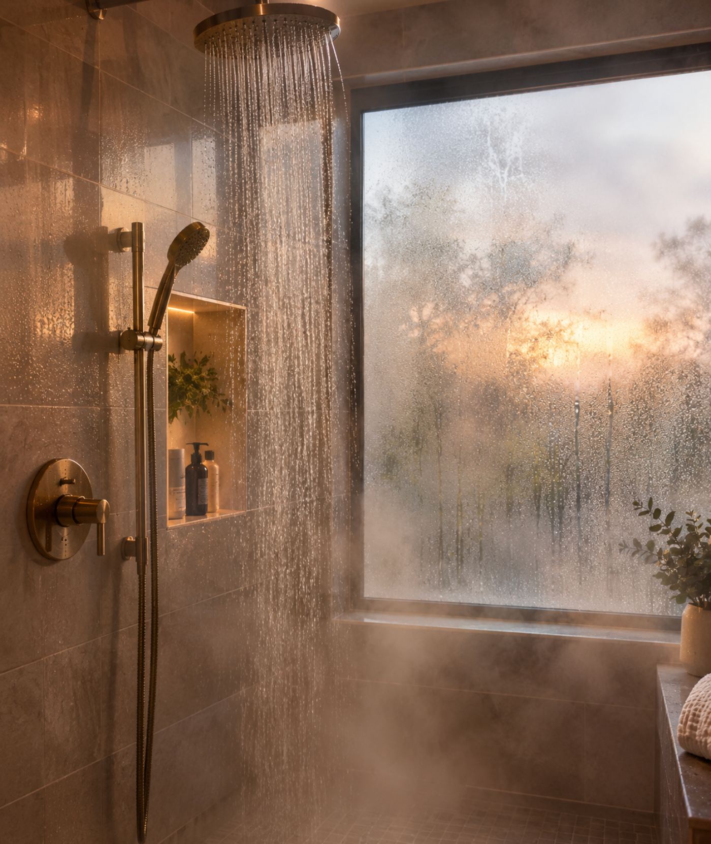 A rain shower head running in a tiled walk-in shower, steam filling the room and condensation on the window behind it.