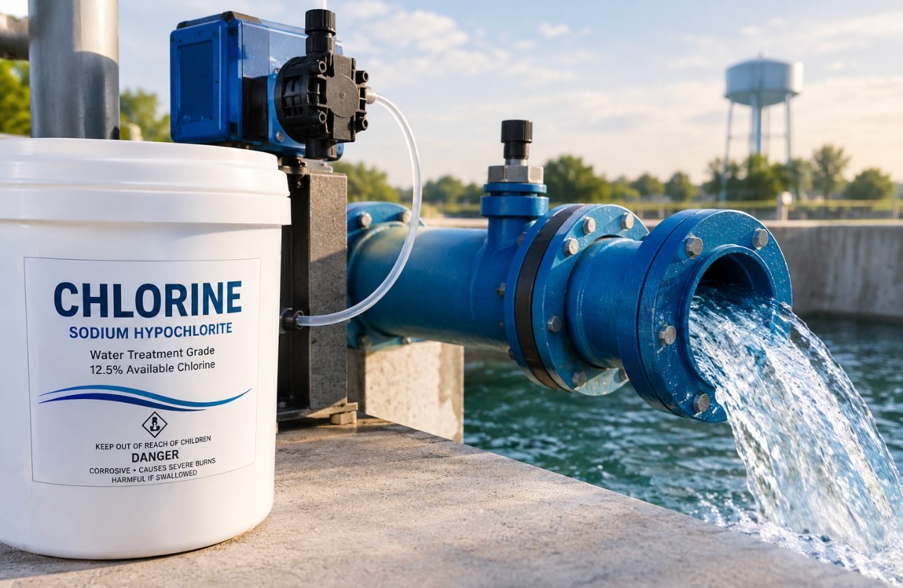 A chemical metering pump dosing chlorine from a white bucket of sodium hypochlorite into a blue flanged pipe, which pours clear water into a treatment basin. A water tower stands in the distance.