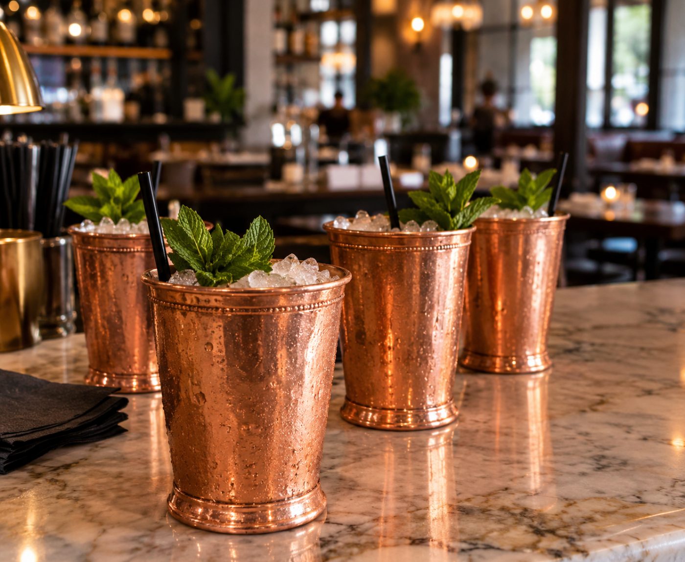 Four copper julep cups filled with crushed ice and mint, beaded with condensation, on a marble bar top.