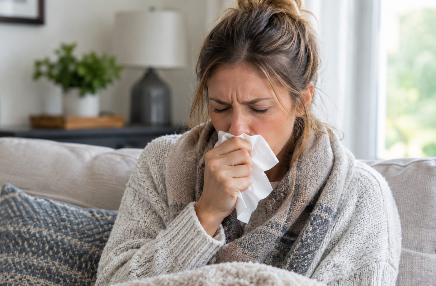 A woman wrapped in a blanket on a sofa, coughing into a tissue.