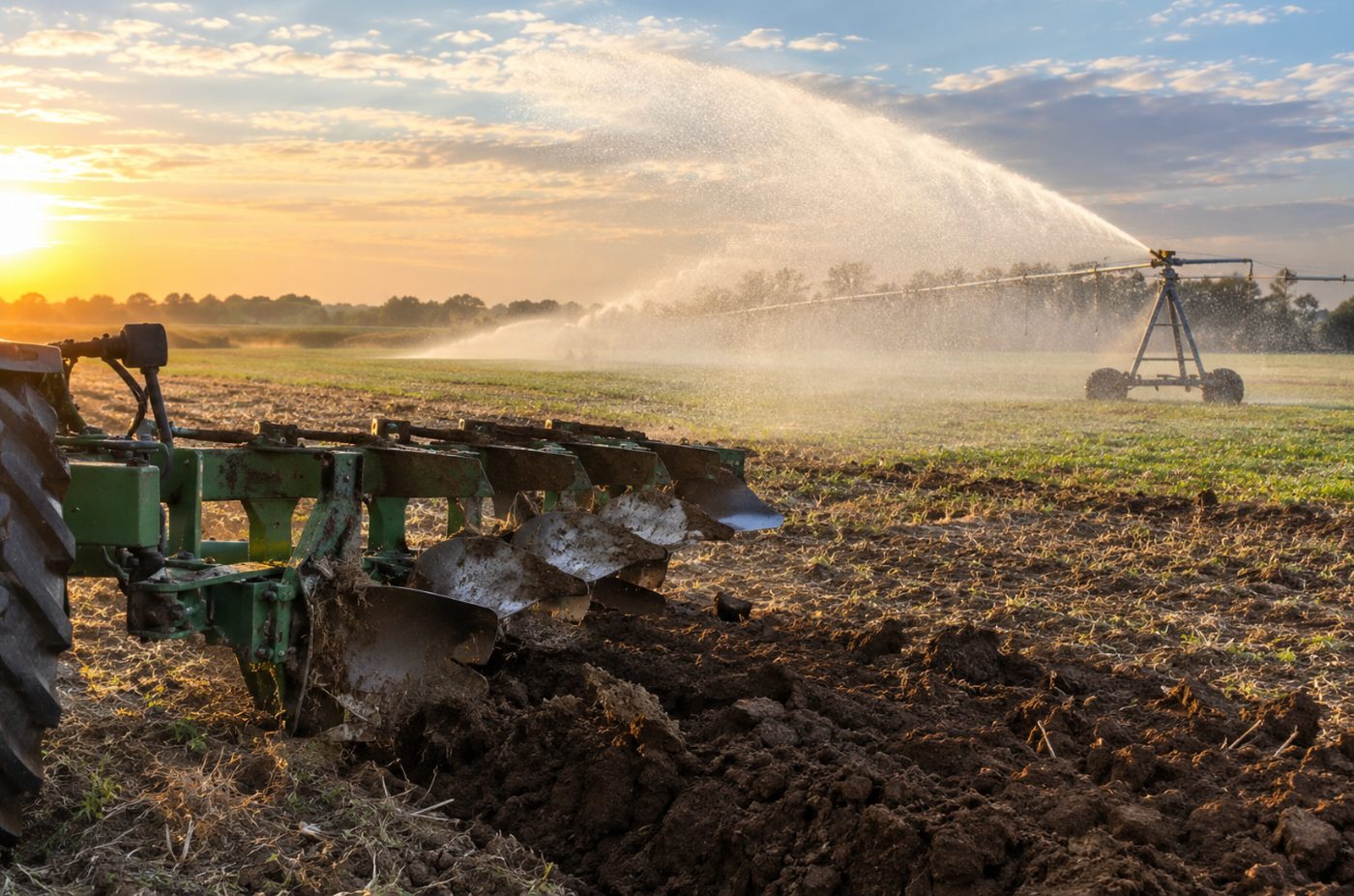 A tractor plough turning dark soil in the foreground while a centre-pivot irrigation boom sprays a green field behind it at sunrise.
