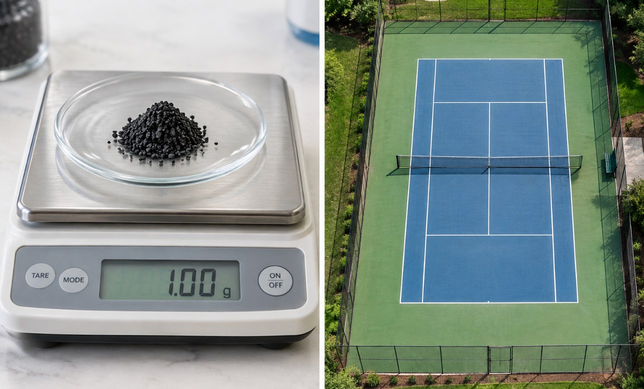 One gram of granular activated carbon on a laboratory balance beside an aerial photograph of a tennis court. The internal surface area of that single gram is roughly the area of the court.
