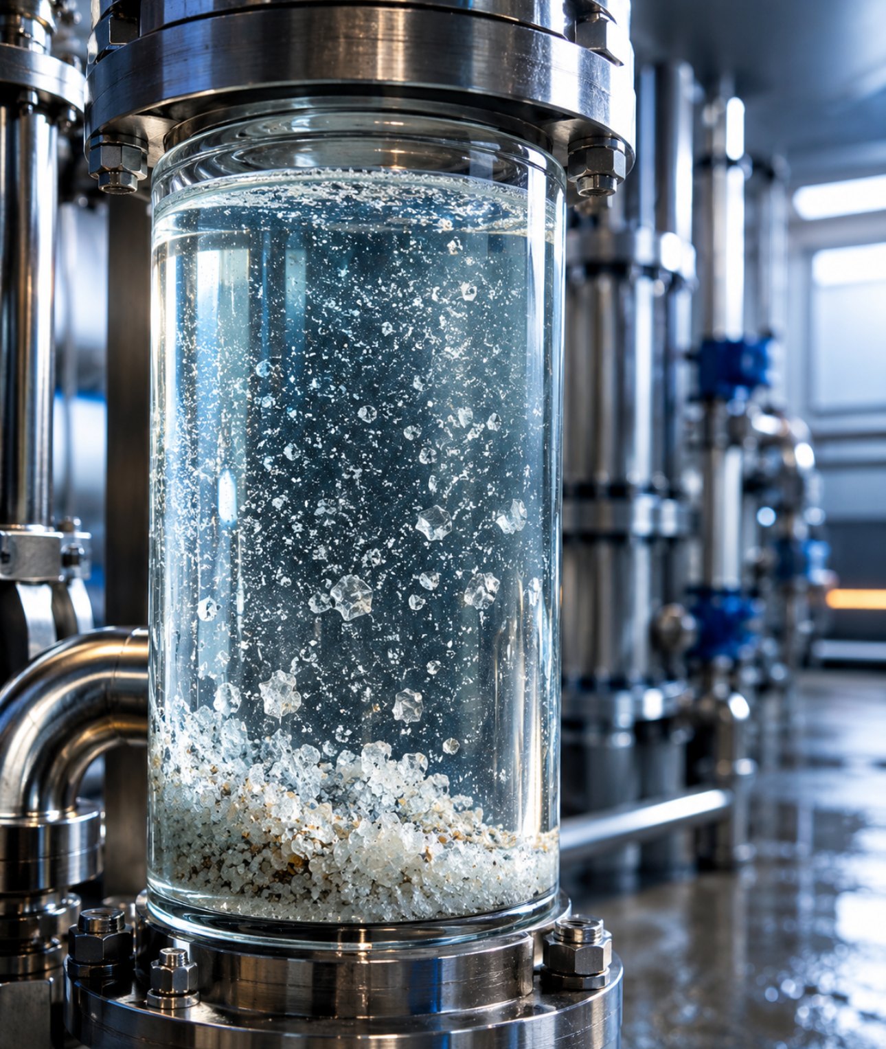 A heavy-flanged glass and stainless pressure vessel in a treatment plant, with white crystals precipitating out of the clear fluid inside it.