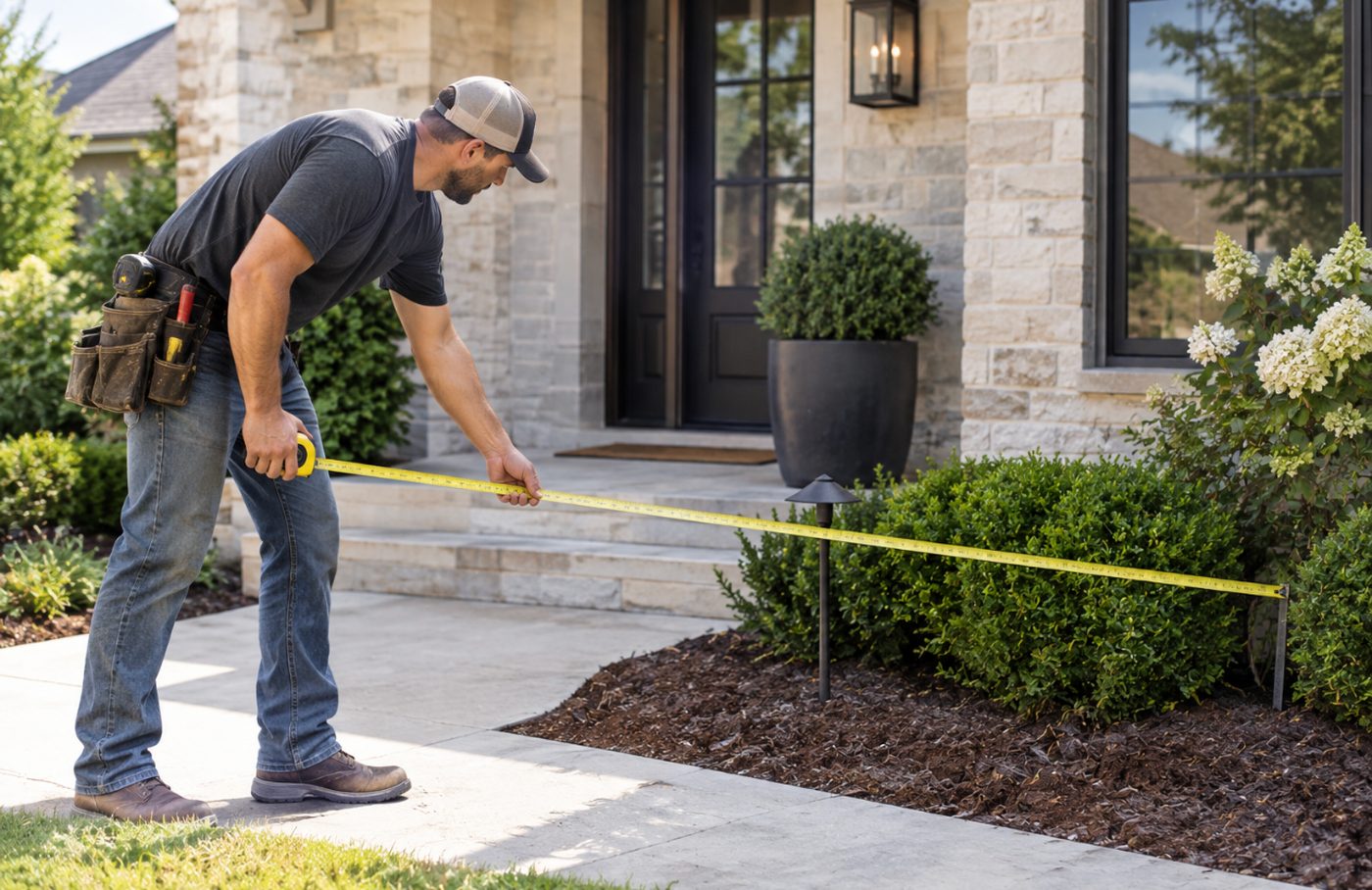 A tradesman in a tool belt stretching a tape measure across the front garden of a stone-fronted house.