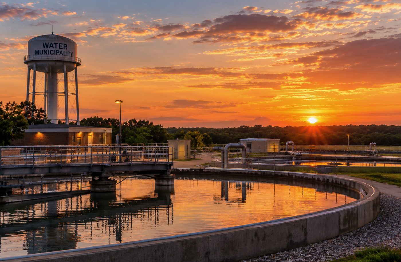A municipal water treatment plant at sunset, with a clarifier basin in the foreground and a water tower lettered Water Municipality behind it. A generic plant, not a photograph of Tulsa's own facility.