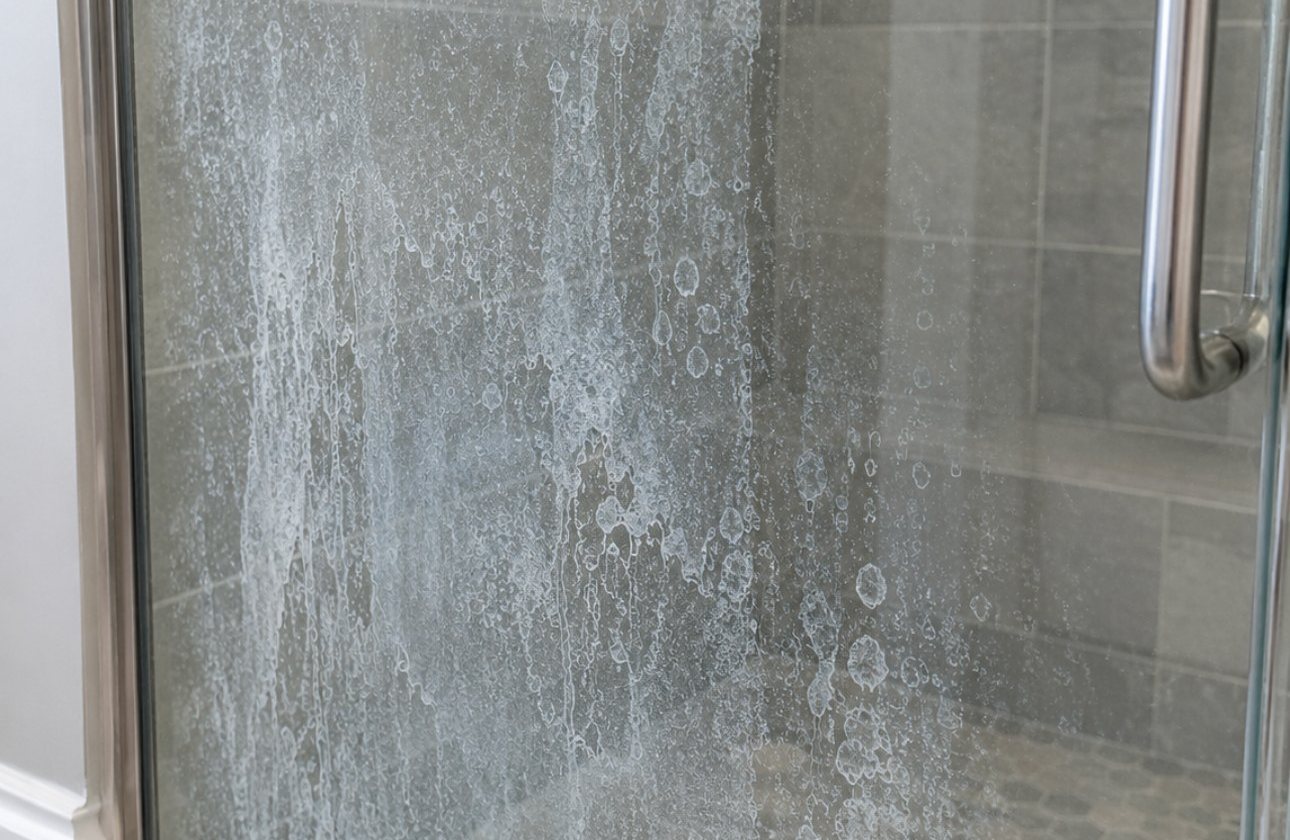 A glass shower door covered in white mineral spotting and streaks, with grey tile and a brushed nickel handle behind it.