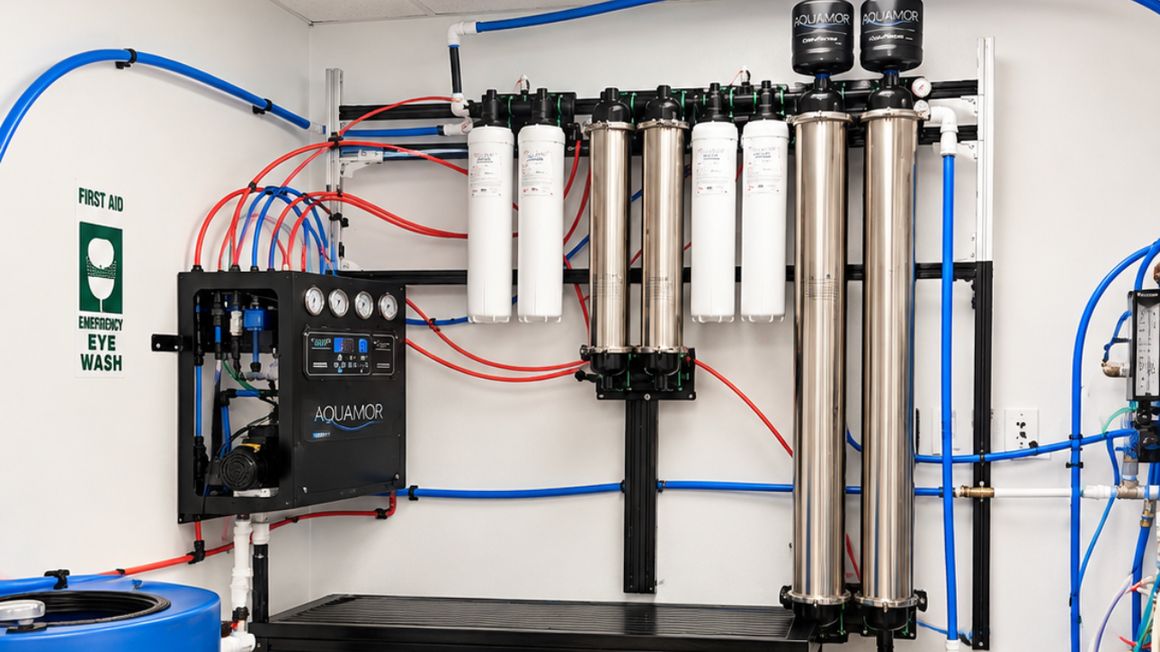 A commercial Aquamor installation in a plant room — reverse osmosis controller, cartridge pre-filters, ultrafiltration vessels and a bulk storage tank
