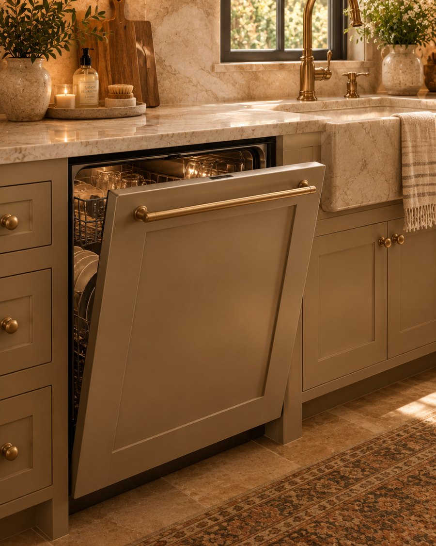 An open dishwasher with a cabinet-matched front panel, loaded with clean glassware, beside a farmhouse sink