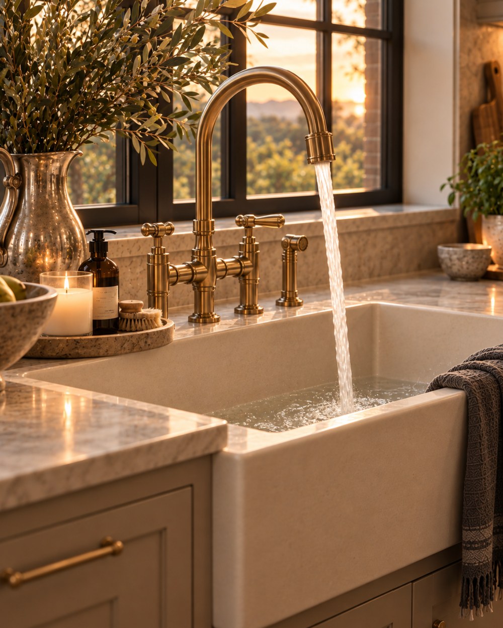 Water running from a brass bridge tap into a farmhouse kitchen sink, the sun setting through the window behind it