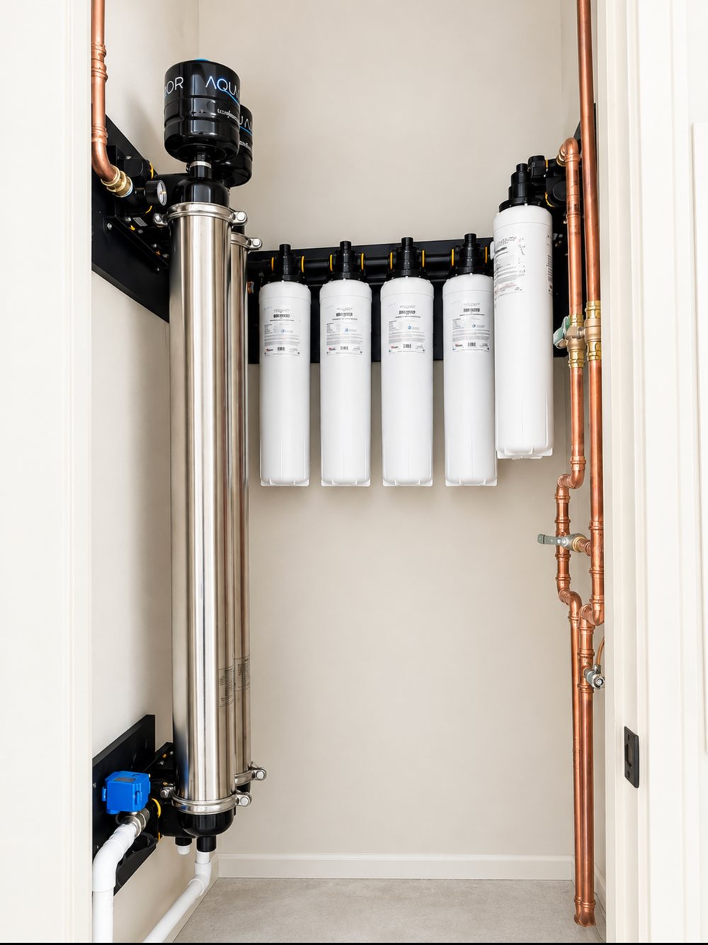 An Aquamor ultrafiltration system installed in a utility closet — stainless membrane vessel, five carbon post-filter cartridges and copper pipework