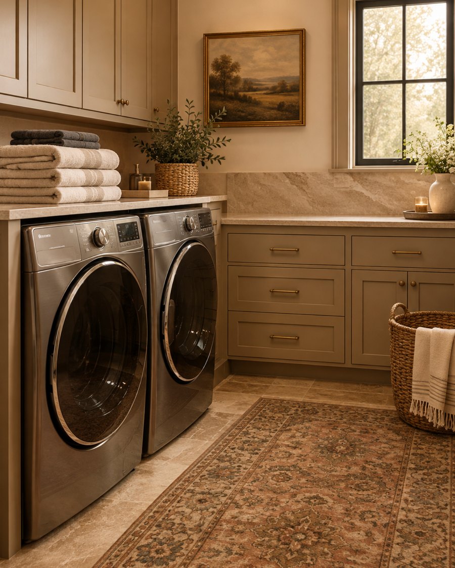 A laundry room with a front-loading washer and dryer, folded towels stacked on the counter and daylight coming through the window