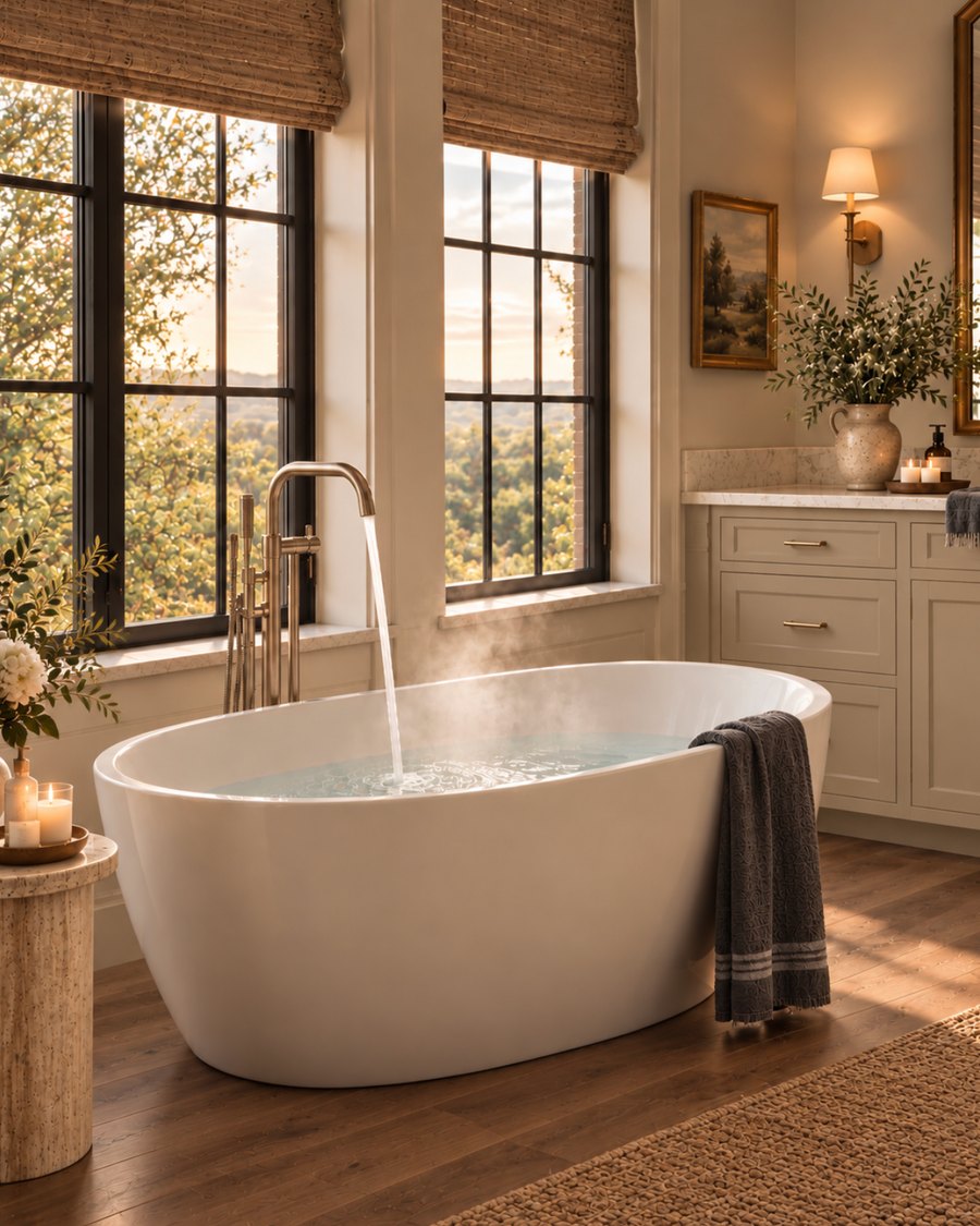 A freestanding bath filling from a floor-mounted tap, steam rising, the sun setting through the windows behind it
