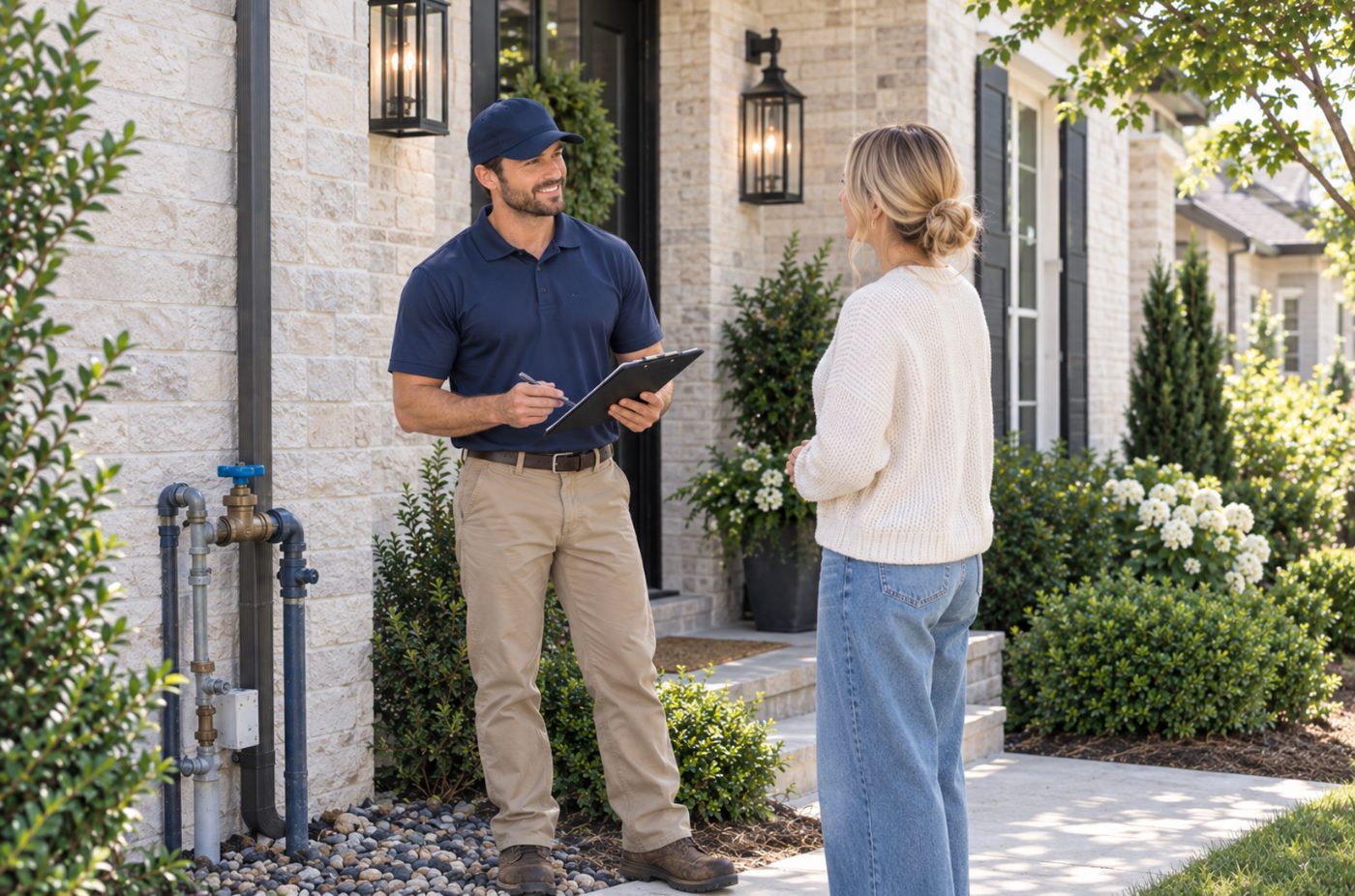 A Sevade technician with a clipboard talking to a homeowner beside the outside tap at the front of her house